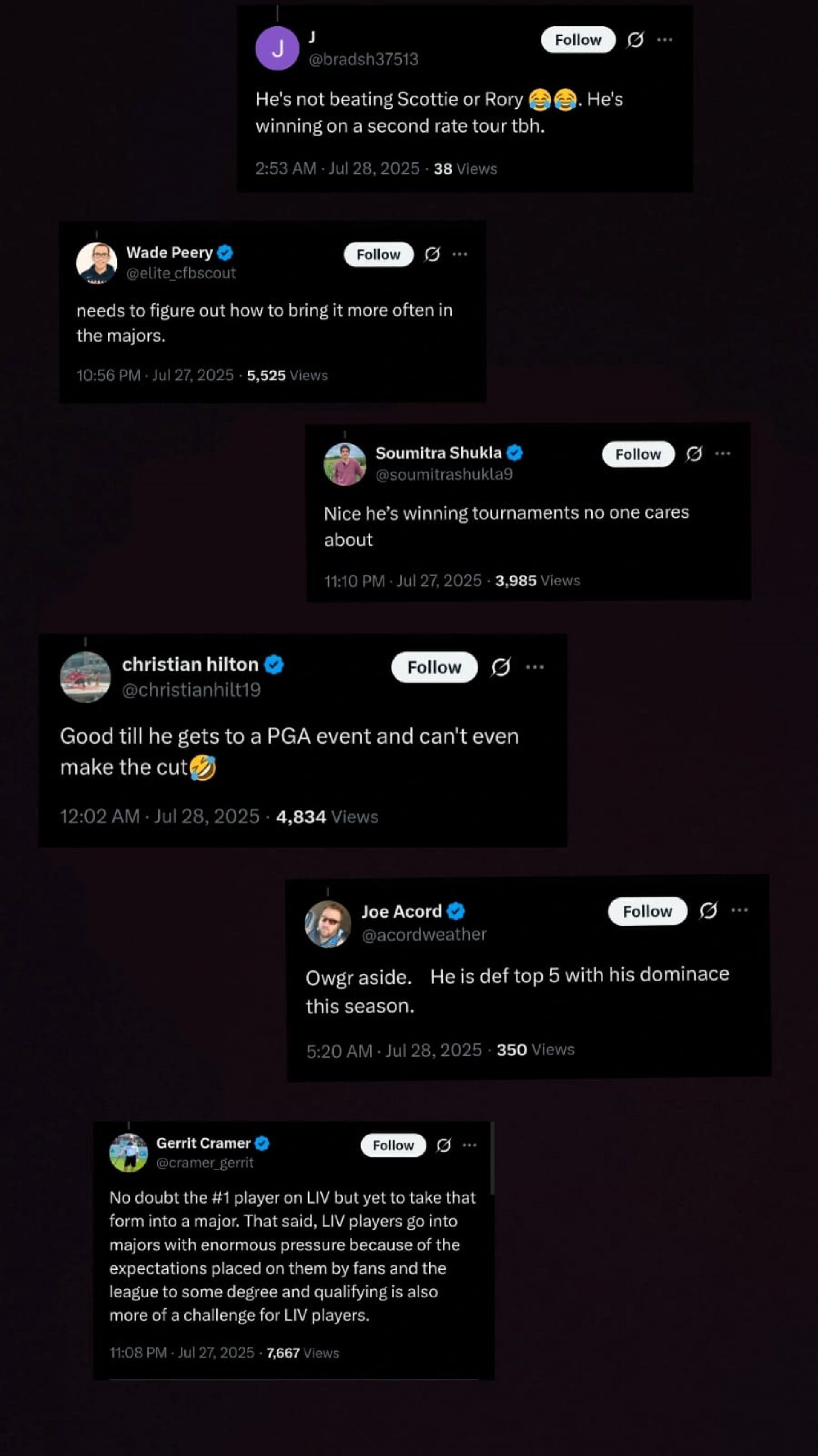 Screenshot from Flushing It’s post comment section reacting to Joaquin Niemann’s LIV Golf UK win